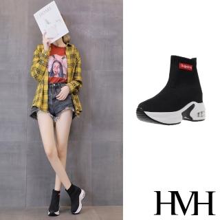 【HMH】厚底休閒鞋 內增高休閒鞋/百搭個性飛織襪套造型厚底內增高休閒鞋(黑)
