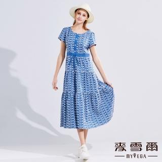 【MYVEGA 麥雪爾】小花刺繡綁帶牛仔長洋裝-藍