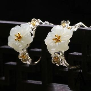 【ANGEL】白櫻花和田玉復古中國風耳環(銀色)