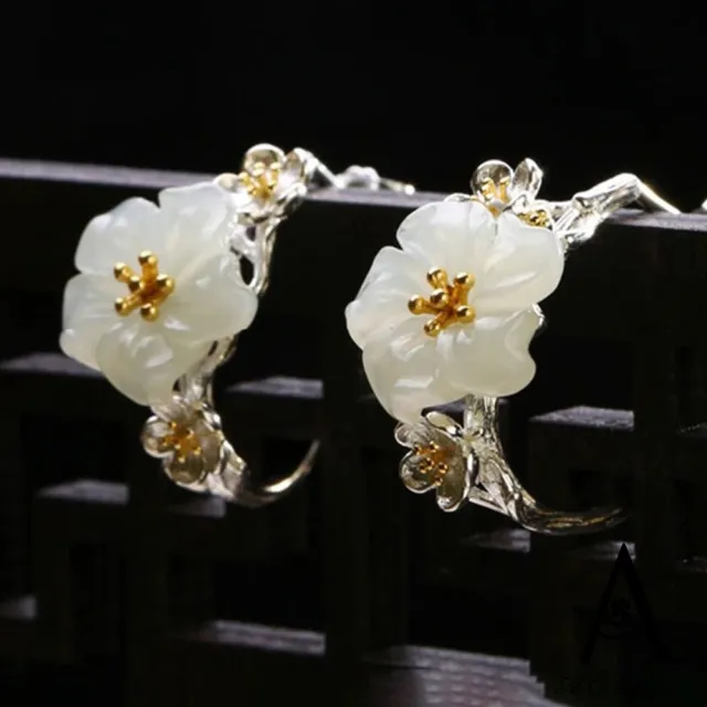 【ANGEL】白櫻花和田玉復古中國風耳環(銀色)