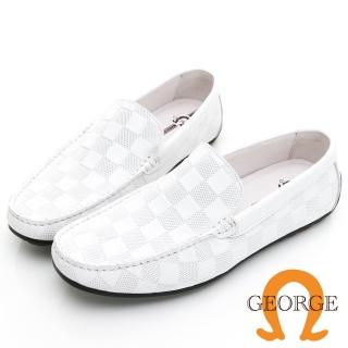 【GEORGE 喬治皮鞋】城市休閒 真皮棋盤格壓紋縫線樂福鞋 -白 338008JI30