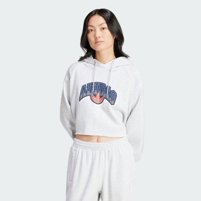 【adidas 愛迪達】上衣 女款 長袖上衣 帽T 運動 CS CROP HOODIE 灰 IS2319