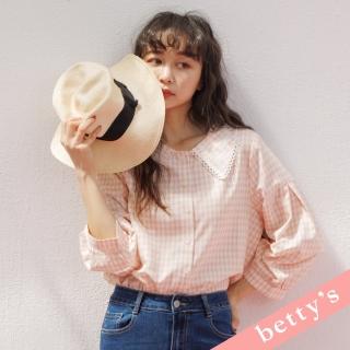 【betty’s 貝蒂思】格紋蕾絲劍領泡泡袖襯衫(粉橘色)