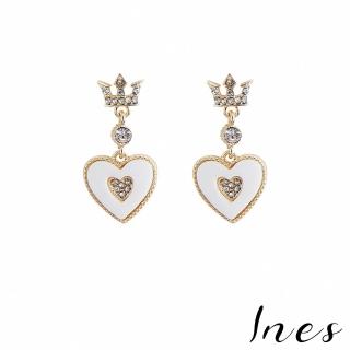 【INES】無耳洞耳環 耳夾 夾式耳環/韓國設計法式復古皇冠愛心造型美鑽夾式耳環(白)