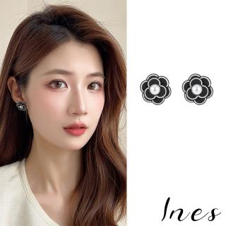 【INES】S925銀針耳環 珍珠耳環/韓國設計S925銀針法式優雅山茶花珍珠造型耳環(2色任選)