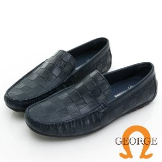 【GEORGE 喬治皮鞋】城市休閒 真皮棋盤格壓紋縫線樂福鞋 -藍 338008JI70