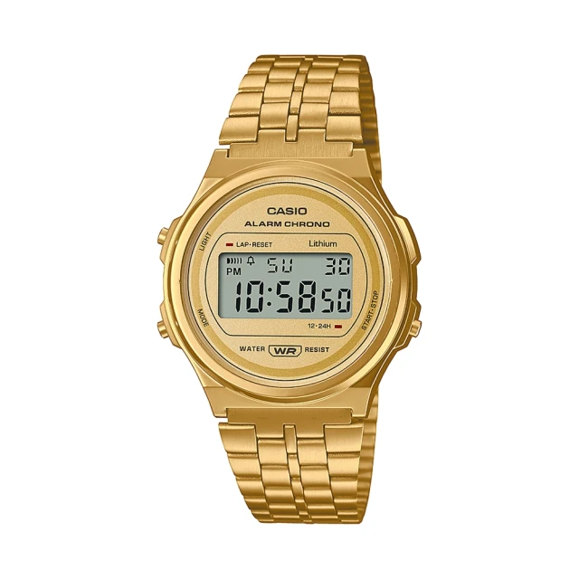 【CASIO 卡西歐】復古銀圓形數位電子錶-全金款(A-171WEG-9)