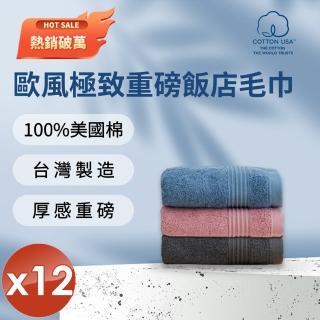 【HKIL-巾專家】MIT歐風極緻厚感重磅飯店彩色毛巾-12入組(粉/藍/灰 3色任選)