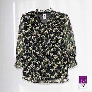【ILEY 伊蕾】碎花荷葉綁帶雪紡上衣(黑色；M-XL；1241601404)