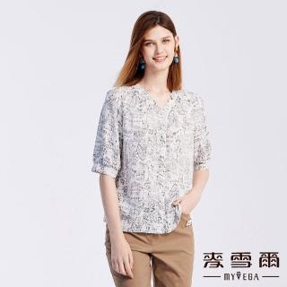 【MYVEGA 麥雪爾】建築印花愛心銀釦五分袖雪紡上衣-米