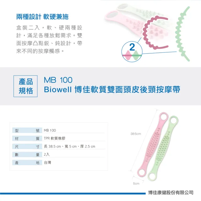 【Biowell博佳】軟質雙面頭皮後頸按摩帶MB 100(頭頸按摩 軟硬雙效)