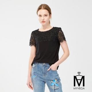 【MYVEGA 麥雪爾】MA高含棉拼接柔美蕾絲彈性上衣-黑