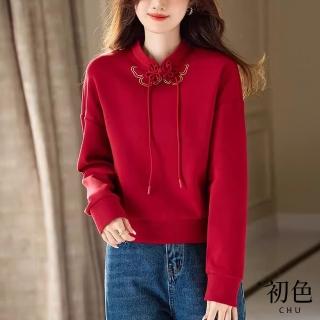 【初色】純色中式盤扣蝴蝶刺繡立領長袖T恤上衣女上衣-紅色-32679(M-2XL可選)
