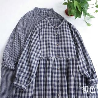 【初色】休閒格紋百搭寬鬆顯瘦立領長袖連身裙洋裝-共2色-32646(M-2XL可選)