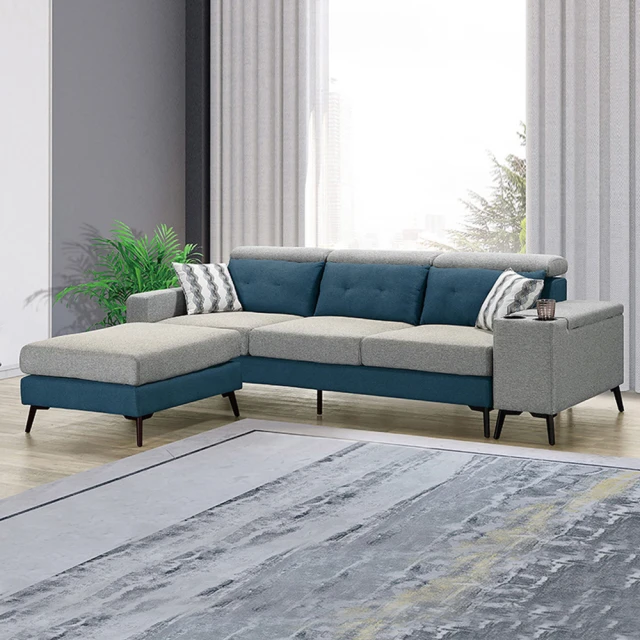 BODEN 奧蘿拉L型水藍色布面獨立筒沙發-附抱枕(貴妃椅型