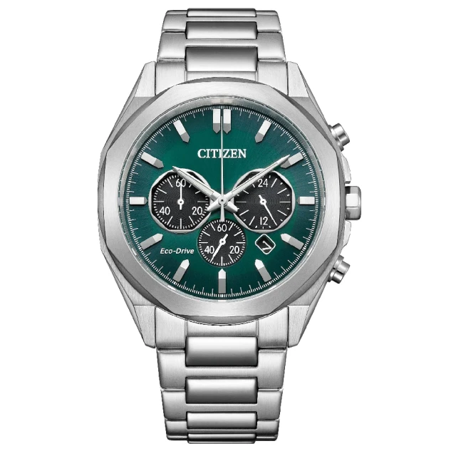 CITIZEN 星辰 三眼光動能紳士不鏽鋼時尚腕錶 綠面 41mm(CA4590-81X)