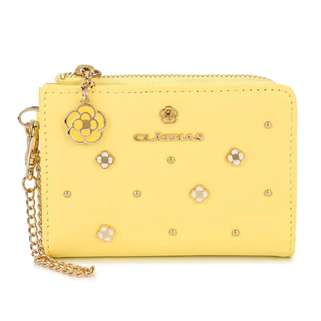 【CLATHAS】山茶花金屬小花裝飾質感羊皮證件零錢包鑰匙包(4色任選)