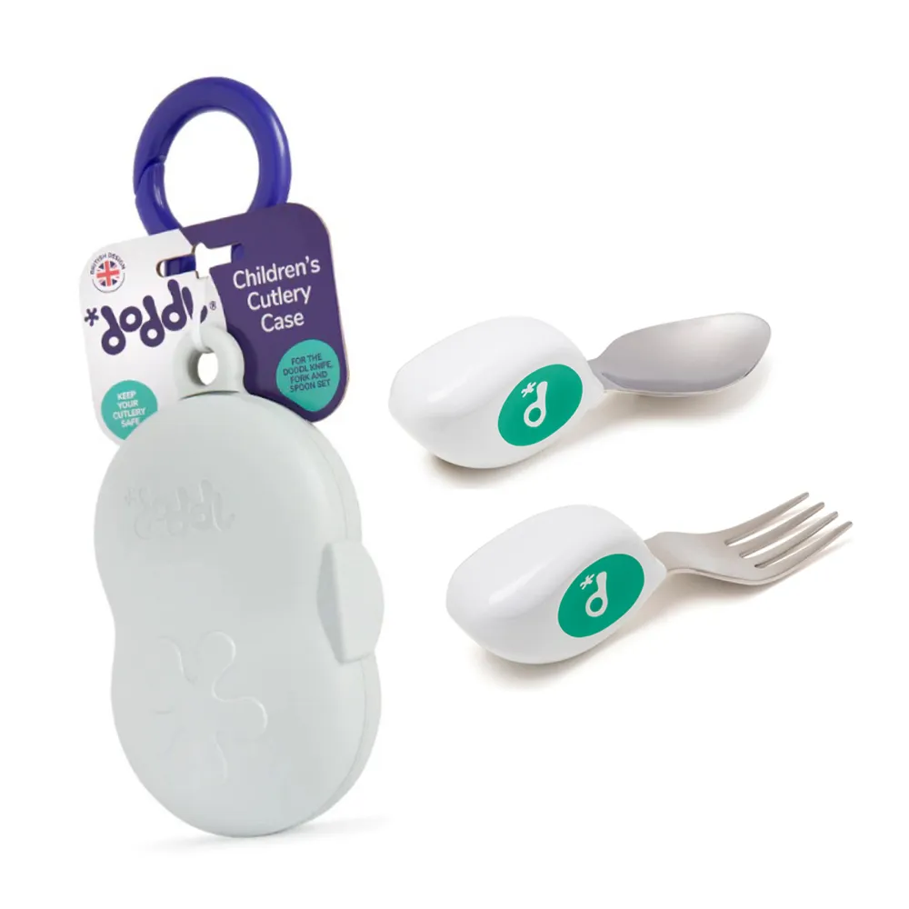 【Doddl】英國人體工學秒拾餐具 - 兒童學習餐具 兩件組 + 專用攜帶盒(含湯匙、叉子、專用收納盒)