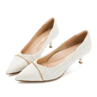 【GDC】尖頭小香風金屬鍊拼接優雅低跟包鞋-米色(321032-10)