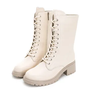 【GDC】英倫搖滾真皮純色粗跟馬丁中筒靴-米白色(328598-10)