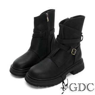 【GDC】西部工業風側釦厚底設計感真皮中筒靴-黑色(328581-00)