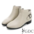 【GDC】真皮大方釦尖頭舒適低跟短靴-米色(328597-10)