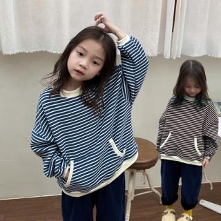 【橘魔法】條紋前口袋造型棉絨加厚長袖上衣(衛衣 中性款 男童 女童 中童 兒童 童裝)