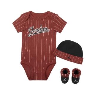 【NIKE 耐吉】包屁衣 Jordan Baby Bodysuits 紅 黑 純棉 按扣 套組 帽子 襪子 嬰兒(JD2413030NB-001)