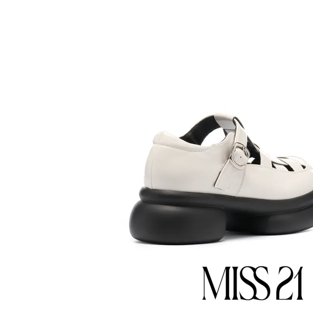 【MISS 21】酸溜溜個性LOGO釦T字簍空寬編織厚底鞋(米白)