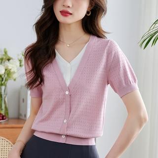 【LANNI 藍尼】★假兩件針織V領上衣(休閒/短袖/百搭)