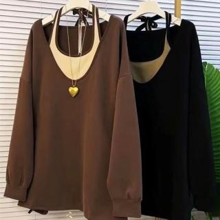 【LANNI 藍尼】★拼色假兩件露肩大碼上衣(性感/女裝/平口)