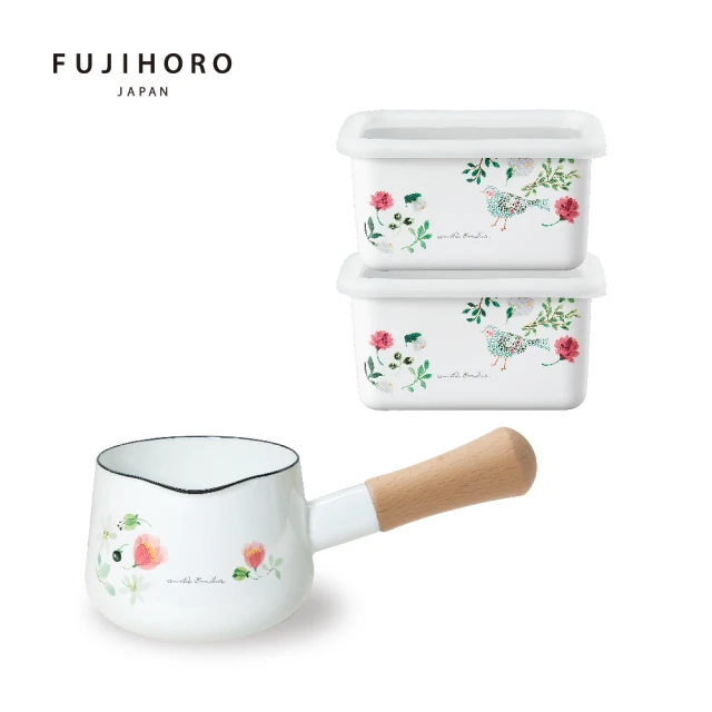 FUJIHORO 富士琺瑯 安娜艾米利亞 琺瑯烘焙保鮮盒深S/700ml*2入+牛奶鍋12cm/0.7ml