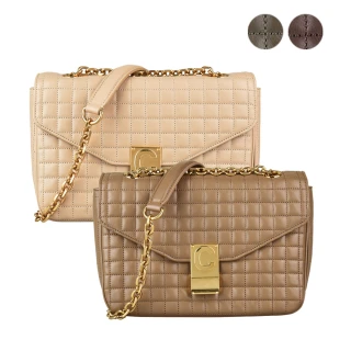【CELINE】CELINE C字LOGO格紋縫線牛皮扣式斜背包(多色)