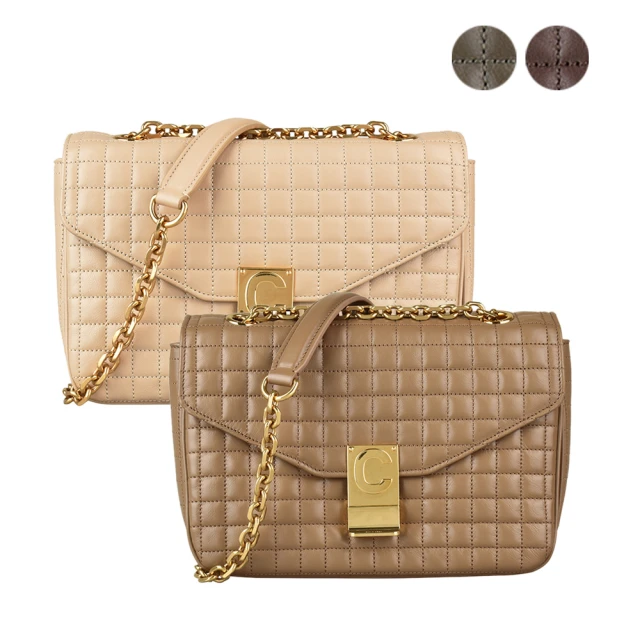【CELINE】CELINE C字LOGO格紋縫線牛皮扣式斜背包(多色)