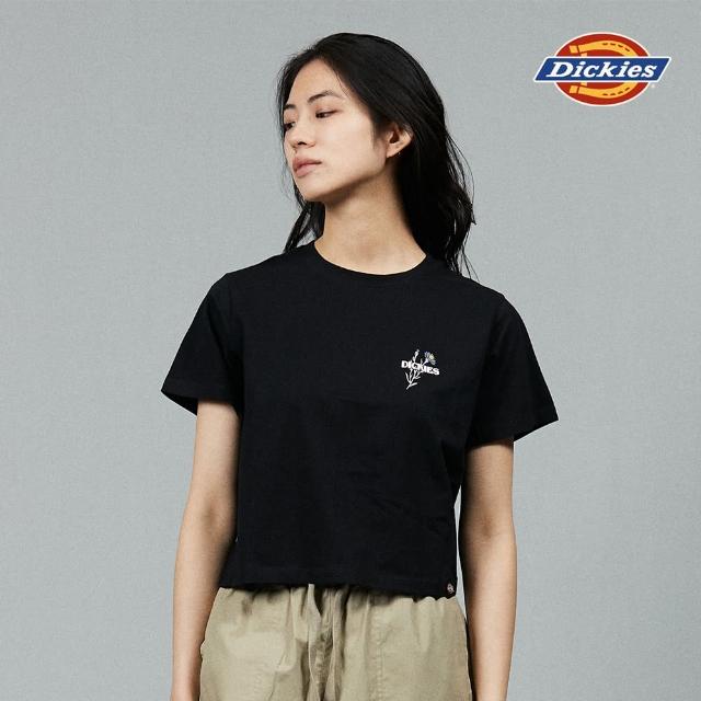 【Dickies】女款黑色純棉胸前簡約品牌文字印花短袖T恤｜DK013069BLK