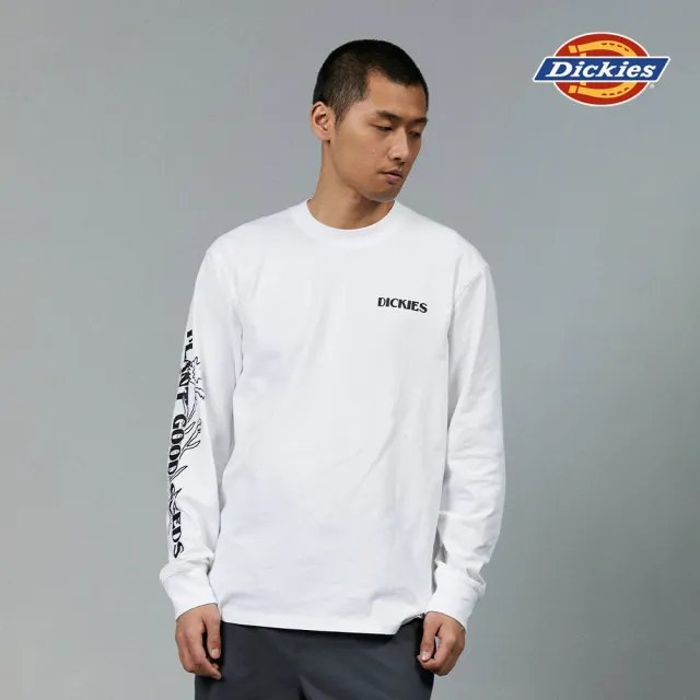 【Dickies】男款白色純棉臂袖圖案印花設計休閒長袖T恤｜DK013073WHX