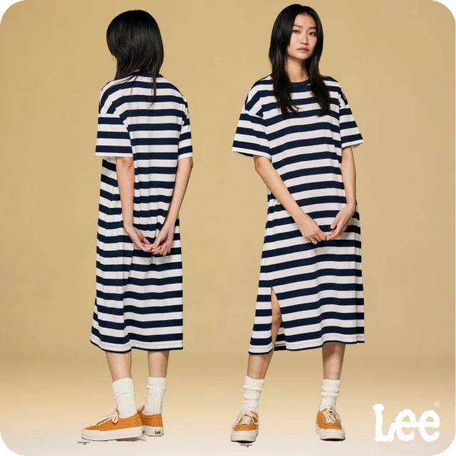 Lee 女裝 休閒洋裝 / 條紋附口袋 長版 連衣裙 /寬鬆