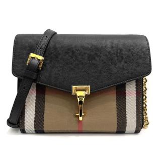 【BURBERRY 巴寶莉】80656901/80803211經典Small Macken系列格紋棉麻拼色肩背/斜背郵差包(黑色)