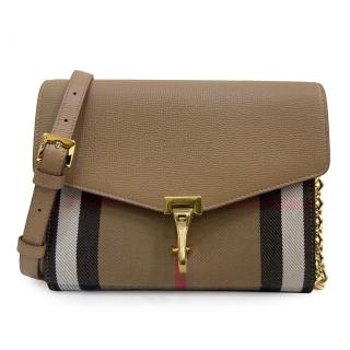 【BURBERRY 巴寶莉】80801581 經典Small Macken系列格紋棉麻拼色肩背/斜背郵差包(米色)