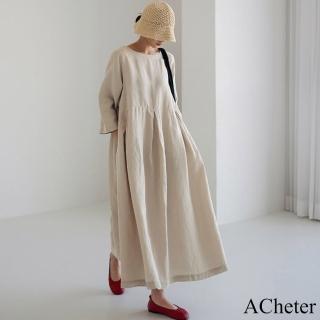 【ACheter】寬鬆棉麻連身裙大碼圓領長裙氣質學院風森林系大襬洋裝#120696(杏/軍綠)