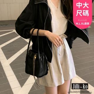 【JILLI-KO】防曬輕薄透氣寬鬆連帽拉鍊外套中大尺碼 -F(卡/黑)