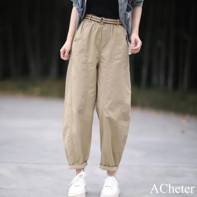 【ACheter】薄款香蕉褲寬鬆顯瘦遮胯藏肉鬆緊腰哈倫長褲#120702(卡其/米/綠)