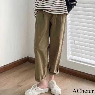 【ACheter】大碼休閒褲寬鬆顯瘦闊腿工裝翻邊蘿蔔九分長褲#120706(米白/黑/卡其)