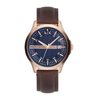 【A|X Armani Exchange】玫瑰金框 藍黑麵 格子設計錶盤 日期顯示 咖啡色皮革 手錶 男錶 情人節(AX2172)