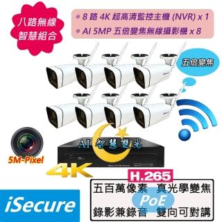 【iSecure】八路無線光學變焦監視器組合:一部八路 4K 超高清監控主機+八部 5MP 光學變焦無線攝影機