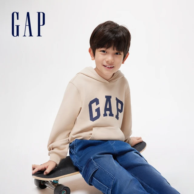 GAP 男童裝 Logo印花圓領長袖T恤-黑白撞色(8919