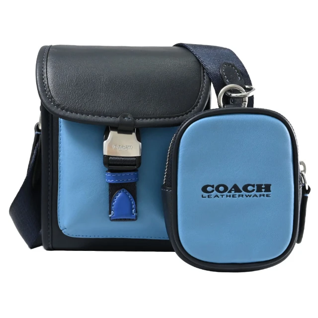 COACH 經典LOGO撞色寬背帶二合一零錢包小包斜背包(午夜藍)