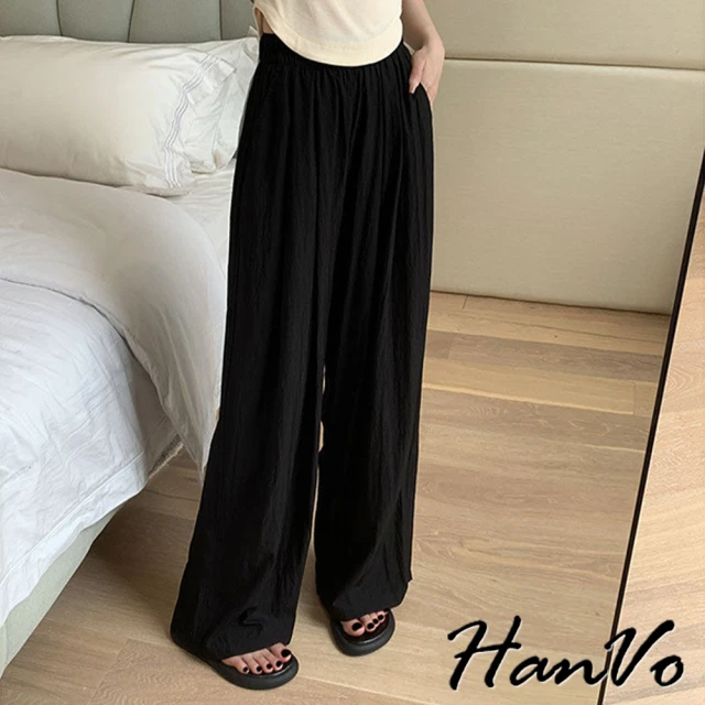 HanVo 現貨 簡約薄款褶皺感休閒寬褲(舒適透氣寬鬆版型闊
