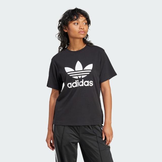 【adidas 愛迪達】上衣 女款 短袖上衣 運動 三葉草 TREFOIL TEE 黑 IR9533