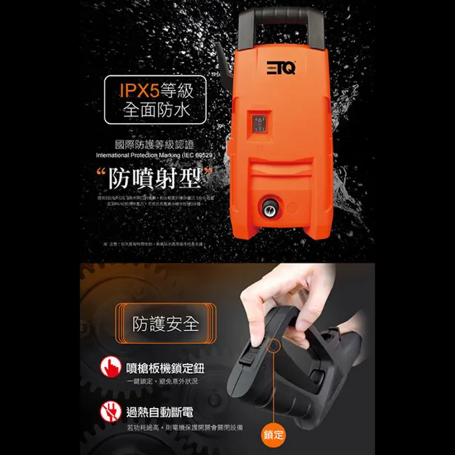 【ETQ USA】1600W 高壓清洗機-新全配組(泡沫罐+短噴頭+快速接頭+水龍頭夾)